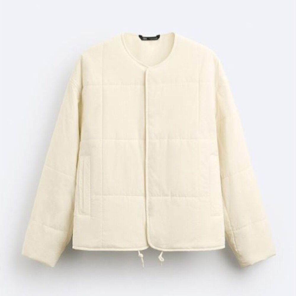 Zara Men's Light Padded Jacket Coat Modular Neckline Cream Snaps Closure XL NWT